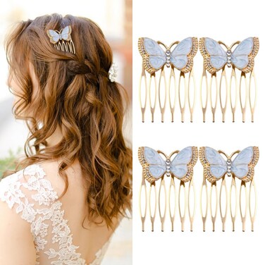 4 Pcs Vintage Butterfly Hair Combs with Crystal Metal Hair Side Comb Clips Wedding Bridal Headpiece Hair Accessories for Women Girls, Gold