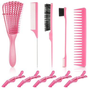 Boao 10 Pcs Hair Styling Kit - Detangler, Wide Tooth Comb, Teasing Brush, Rat Tail Comb, Edge Brush, Alligator Clips for Curly, Wet Hair - Gift for Women &amp; Girls (Pink)