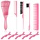 Boao 10 Pcs Hair Styling Kit - Detangler, Wide Tooth Comb, Teasing Brush, Rat Tail Comb, Edge Brush, Alligator Clips for Curly, Wet Hair - Gift for Women &amp; Girls (Pink)