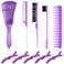 Boao 10 Pcs Hair Styling Kit for Women &amp; Girls: Wide Tooth Comb, Detangler &amp; Teasing Edge Brush, Rat Tail Comb, Alligator Clips for Curly Hair - Gift Set (Purple)