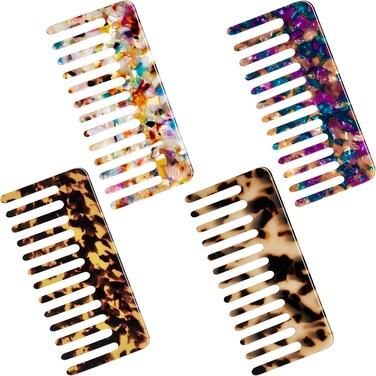 Patelai 4 Pcs Wide Tooth Comb Mini Detangling Cellulose Acetate Comb Tortoise Leopard Pocket Size for Women Curly Wavy Long Thick Wet or Dry Hair