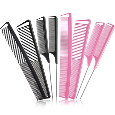 8 Pieces Fine Tooth Rat Tail Combs for Women Parting Carbon Fiber Teasing Styling and Cutting Comb Fiber Pintail Hairdressing Supplies for Braids Salon Home, Black and Pink