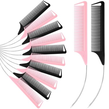 12 Pcs C Curved Combs Parting Comb for Braids Hair Rat Tail for Parting Hair Heat Resistant Teasing with Stainless Steel Pintail for Women, Pink, Black