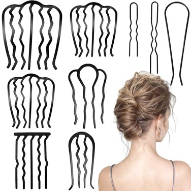 9 Pieces Hair Side Combs, Metal Hair Fork Clip French Twist Comb for Updo Bun, Teeth Hair Pins U-Shape Hair Sticks for Women Hair Styling Tool Accessories