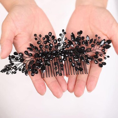 Black Crystal Hair Comb for Women Girls Special Occasion Hair Piece Handmade Rhinestones Jewelry