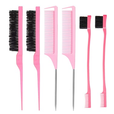 Hair Styling Comb Set - 6 PCS Teasing Brush, Rat Tail Edge Brush for Women, Girls, Kids Braiding, Backcombing (Pink)