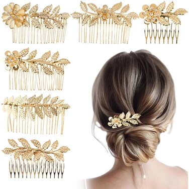 Jaciya Leaf Hair Comb Gold Hair Accessories Metal Hair Combs Rhinestone Flower Hair Side Combs Wedding Bridal Jewelry Hair Clips for Women Girls