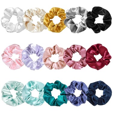 15pcs Satin Scrunchies for Curly Hair,Elastic Satin Scrunchies for Women,Mix Color Satin Scrunchies,Soft Scrunchies for Girls &amp; Women with Curly Hair,Satin Hair Scrunchies No Hurt Your Hair