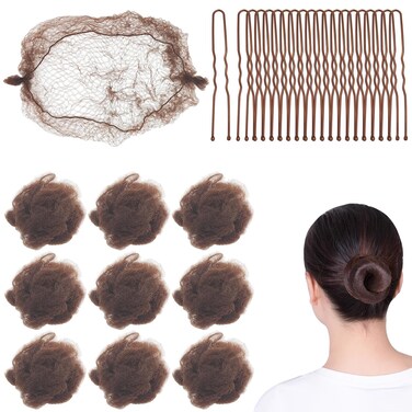 10 Pcs Brown Hair Nets Invisible with 20 Pcs U Shaped Pins, 20 Inch Individual Package Elastic Hair Mesh Nets + 2.4&rdquo; U Shaped Pins Set for Hair Bun Making Ballet Dancer Kitchen Food Service Workers