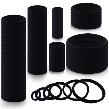 100PCS Various Sizes Black Hair Ties for Women,Elastics Hair Ties No Damage Ponytail Holder for Thick/Thin Hair Accessories,Soft Cotton Cloth Seamless Hair Bands