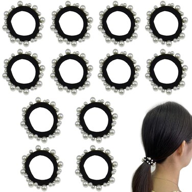 12 PCS Black Pearl Elastic Hair Bands Scrunchie Hair Ties Ponytail Holder Hair Ropes Hair Ring Hair Accessories for Women and Girl
