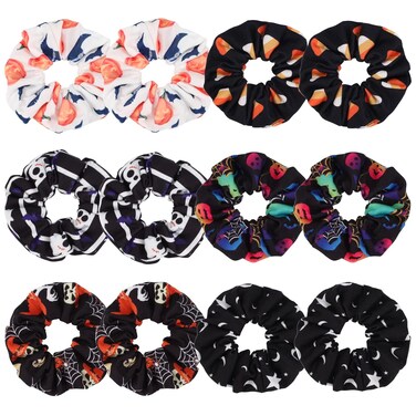 12PCS Halloween Hair ScrunchiesPumpkin Skull Ghosts Bat Star Moon Witch Hat Candy Candle Spider Web Hair Ties Elastics Scrunchy Gifts Ponytail Holder Accessories for Women Girls