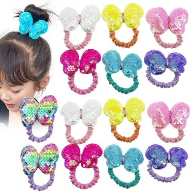 14 PCS Glitter Butterfly Hair Ties for Girls, Elastic Rubber Bands Hair Scrunchies Rainbow Sequin Sparkle Cartoon Ponytail Holders Hair Accessories