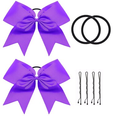 Purple Cheer Bow, 2 PCS 8 Inch Large Cheer Hair Bows Ponytail Holder Elastic Band Handmade for Cheerleaders Teen Girls College Sports (Purple)
