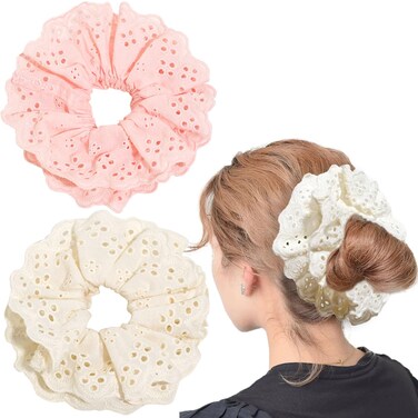 2 Pieces Lace Scrunchies- Large White Scrunchies Premium Cotton Fabric Ponytail Holder for Women and Girls