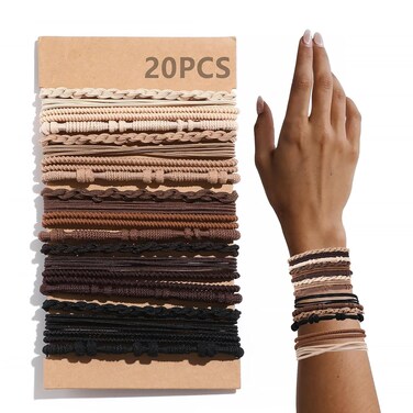 20 PCS Boho Hair Ties, Bracelets Hair Ties for Thick or Thin Hair, 4 Styles Boho Ties for Ponytail Holders, 2.36&rsquo;&rsquo; Hair Ties No-Damage, Brown