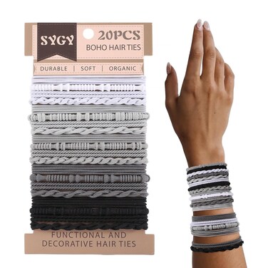 20 PCS Boho Hair Ties, Grey Bracelets Hair Ties for Thick or Thin Hair, 4 Styles Boho Ties for Ponytail Holders, 2.36&rsquo;&rsquo; Hair Ties No-Damage