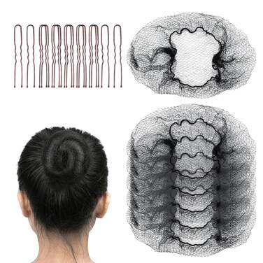 Hair Net Set: 20 Pieces 20-Inch Black Nets, 40 Pieces 2.4-Inch Brown U Pins - For Food Service, Bun Making, Ballet, and Versatile Hairstyling