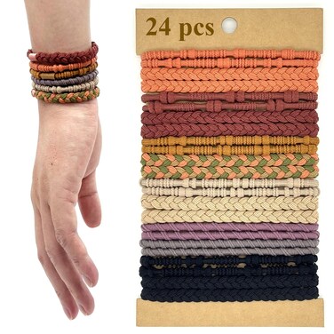 24 pcs Boho Bracelet Elastic Hair Ties, No Damage Multi-color Ponytail Holders, Large Elastics Hair Bands for Thick Heavy &amp;Curly Hair