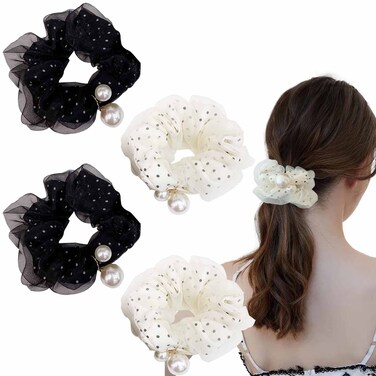 4 Pcs Satin Silk Scrunchies,Polka dots Hair Scrunchies with Pearl,Elastic Hair Ties for Teens,Curly Hair Accessories for Women