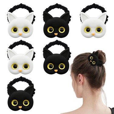 6 Pack Cute Cat Hair Ties Elastic Ponytail Holders Hair Bands for Girls High Ponytail Headwear Accessories for Women Girls Thick and Thin Hair (Black and White)