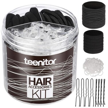 Teenitor Hair Ties Kit, 500pcs Clear Elastic Hair Bands, 30pcs Ponytail Holders Elastic Hair Ties, 30pcs Seamless Thick Black Hair Bands, 40pcs Hair Bobby Pins, Hair Accessories Kit For Woman Girls