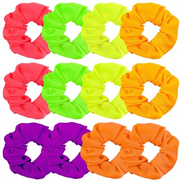 AUEAR, 12 Pack Neon Scrunchies, Pink Green Orange Purple red Yellow Elastic Bright Color Solid Hair Ties Ponytail Bands Scrunchy for Women Girls Accessories 80's 90's Party