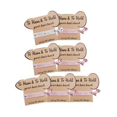 Bachelorette Party Favors, 7 Pack to Have to Hold Your Hair Back Card, 7 Hair Ties Party Supplies, Bride and Bridesmaids Hair Accessories Bridal Shower, and Wedding, White (Bride 7Pack Pink 1Hair Tie)