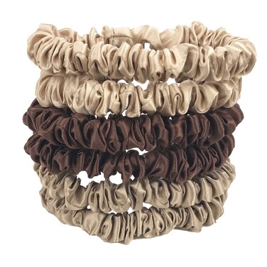 Celestial Silk Mini Scrunchies Small Mulberry Silk Scrunchy Hair Ties 22 Momme Skinny Silk Ponytail Holder, Gentle on Hair, Less Pulling, Breakage - 6 Pack (Chocolate, Dark Taupe, Taupe)
