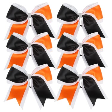 Cheerleader Bows 8 Inch 3 Colors 2 Layers 6 Pcs Jumbo Ponytail Holder Cheerleading Bows for High School College Hair Elastic Hair Tie (Black/Orange)