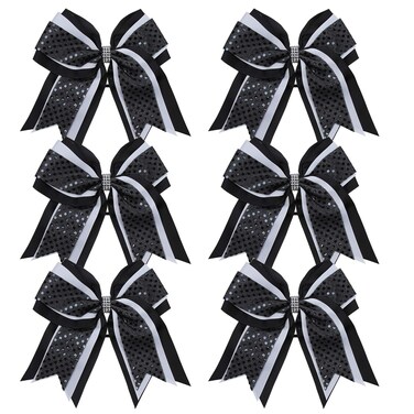 Cheerleader Bows 8 Inch 3 Layers 6 Pcs Ponytail Holder Jumbo Cheerleading Bows Hair Elastic Hair Tie for High School College (Black/White/Black)