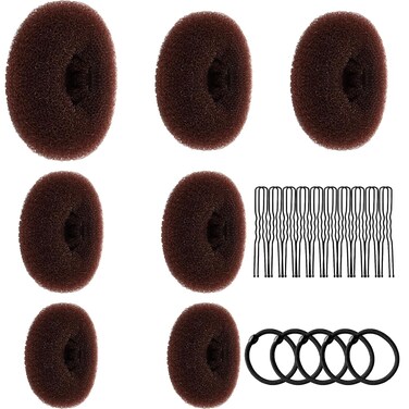 32PCS Donut Hair Bun Maker - Ballet Donut Sock Bun Kit for Hair Kids, 7PCS Hair Bun Donut for Buns (1 extra-large, 2 large, 2 medium and 2 small) 5PCS Hair Elastic Bands, 20PCS Hair Pins, Dark Brown