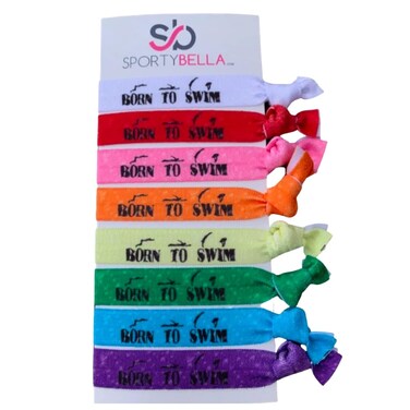 Sportybella Swimming Hair Ties, Hair Accessories For Girls, Women, Teens &amp; Kids. No Crease Elastic Hair Ties Set, Born to Swim, Ponytail Holders for Swimmers &amp; Swim Team, 8pcs.