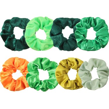 WILLBOND 8 Pieces Irish Green Scrunchies Hair Ties St Patrick's Day Hair Accessories Velvet Cotton Satin Chiffon Elastic Bands Ropes Ponytail Holders St Patrick Gifts for Girls or Women