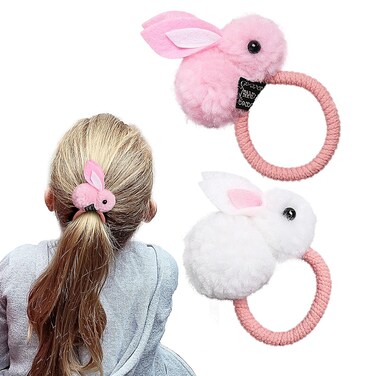 2PCS Easter Day Hair Scrunchies Stuffed Rabbit Hair Ties Elastic with Bunny Soft Elastic Hair Bands Pink Red Hair Ties Plush Rabbit Hair Thin Rope Ponytail Holders for Women Girls