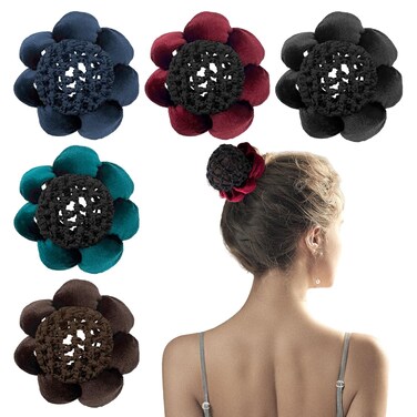 5 Pack Large Ballet Hair Bun Covers with Flower Ponytail Elastic Knit Mesh Snood Holders - Invisible Nets and Accessories for Dancer, Skater, Bank Clerk