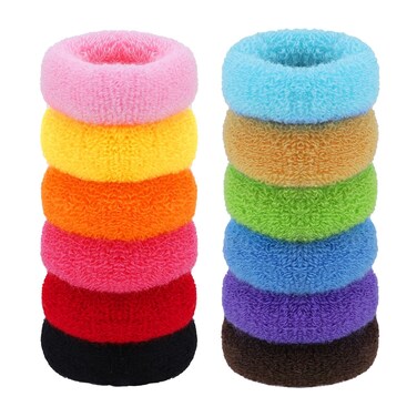 Boobeen 12 Pack Large Hair Elastics - Seamless Coloured Stretch Rubber Bands for Thick Curly Hair, Ponytail Holders for Women