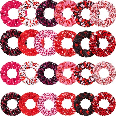 WILLBOND 24 Pieces Valentine's Day Hair Scrunchies Hearts Soft Elastic Bands Ponytail Holder Hair Tie for Women Girls Accessories, 12 Colors, 3.15 Inch, 3.94 Inch(Classic Pattern)