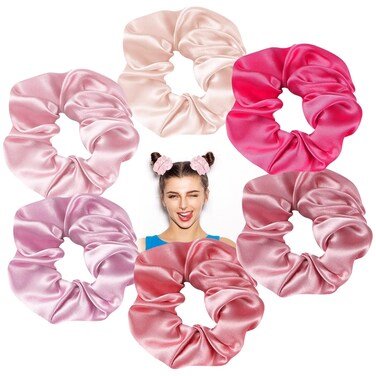 6 Pieces Satin Scrunchies for Women Girls - Elastic Ponytail Holders, Cute Big Hair Ties, No Hurt Hair Accessories (Pink Color, Medium)