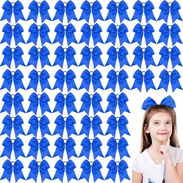 50 Pcs 8'' Large Cheer Hair Bows Blue Cheerleading Hair Bows Ties Ponytail Holder Elastic Band Boutique Hair Accessories for Teen Girls High School College Softball Competition Sports