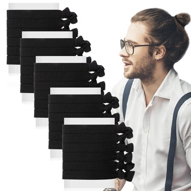 30 Pcs Knotted Elastic Flat Hair Ties for Men's Long Curly Hair, No Crease Man Bun Ties (Black)