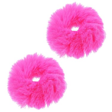 2 Pcs Hot Pink Scrunchies, Pom Pom Hair Ties Faux Rabbit Fur Fuzzy Scrunchies Fluffy Ponytail Holders Hair Accessories for Girls Women (Hot Pink)