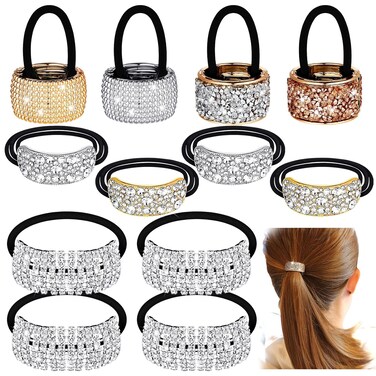 12 Pcs Glitter Elastic Ponytail Holders - Crystal Hair Accessories for Women Girls Ladies, Mixed Colors
