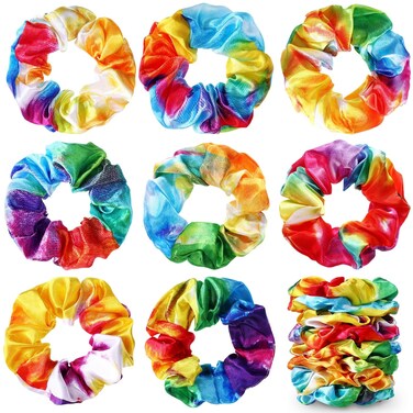 Toulite 24 Pieces Tie Dye Hair Scrunchies Bulk Colorful Tie Dye Hair Scrunchies Accessories Rainbow Elastic Ponytail Holder Bands for Women Girls Party Favors