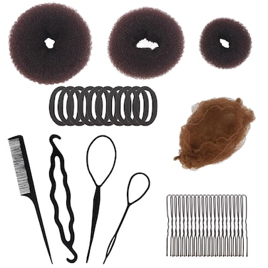 Hair Bun Shaper Set 3 Pcs Donut Hair Bun Maker, 4 Pcs Brown Bun Elastic Edge Mesh, 4 Pcs Ponytail Tool, 10 Pcs Hair Elastic Bands and 20 Pcs Bobby Pins for Women