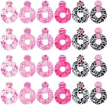 Lyrow 24 Pcs Cowgirl Western Cow Print Scrunchies Let's Go Girls Hair Scrunchies Disco Cow Print Hair Accessories Ponytail Holder Ropes for Elastic Ties Bride Bachelorette Party Supplies Favors