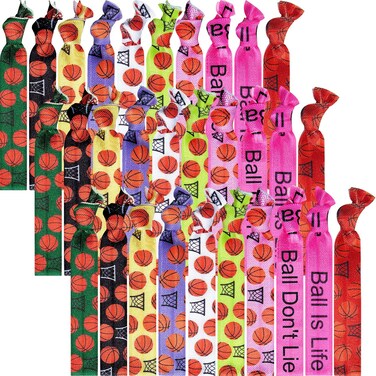 WILLBOND 30 Pcs Basketball Hair Accessories Basketball Hair Ties 10 Styles Elastic Scrunchies Sports Ponytail Holders No Crease Hairbands Ribbon Ties Team Gifts for Players Sports Party Favors