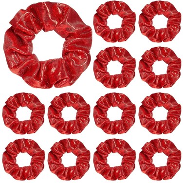 Taiyin 24 Pieces Shiny Metallic Scrunchie Solid Scrunchies Hair Ties Hair Elastics Accessories Elastic Band for Women Gym Dance Cheerleading Softball Volleyball Baseball Team(Red)