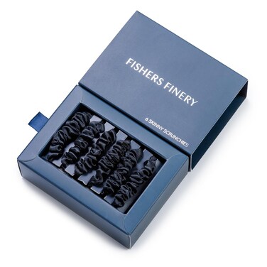 Fishers Finery 25 Momme Pure Mulberry Silk Black Scrunchies   Skinny Silk Hair Ties (Black 6 Pk)