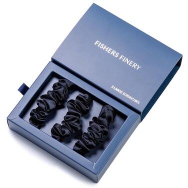 Fishers Finery 25 Momme 100% Pure Mulberry Silk Large Scrunchies, Hair Ties (Black, 3 Pk)